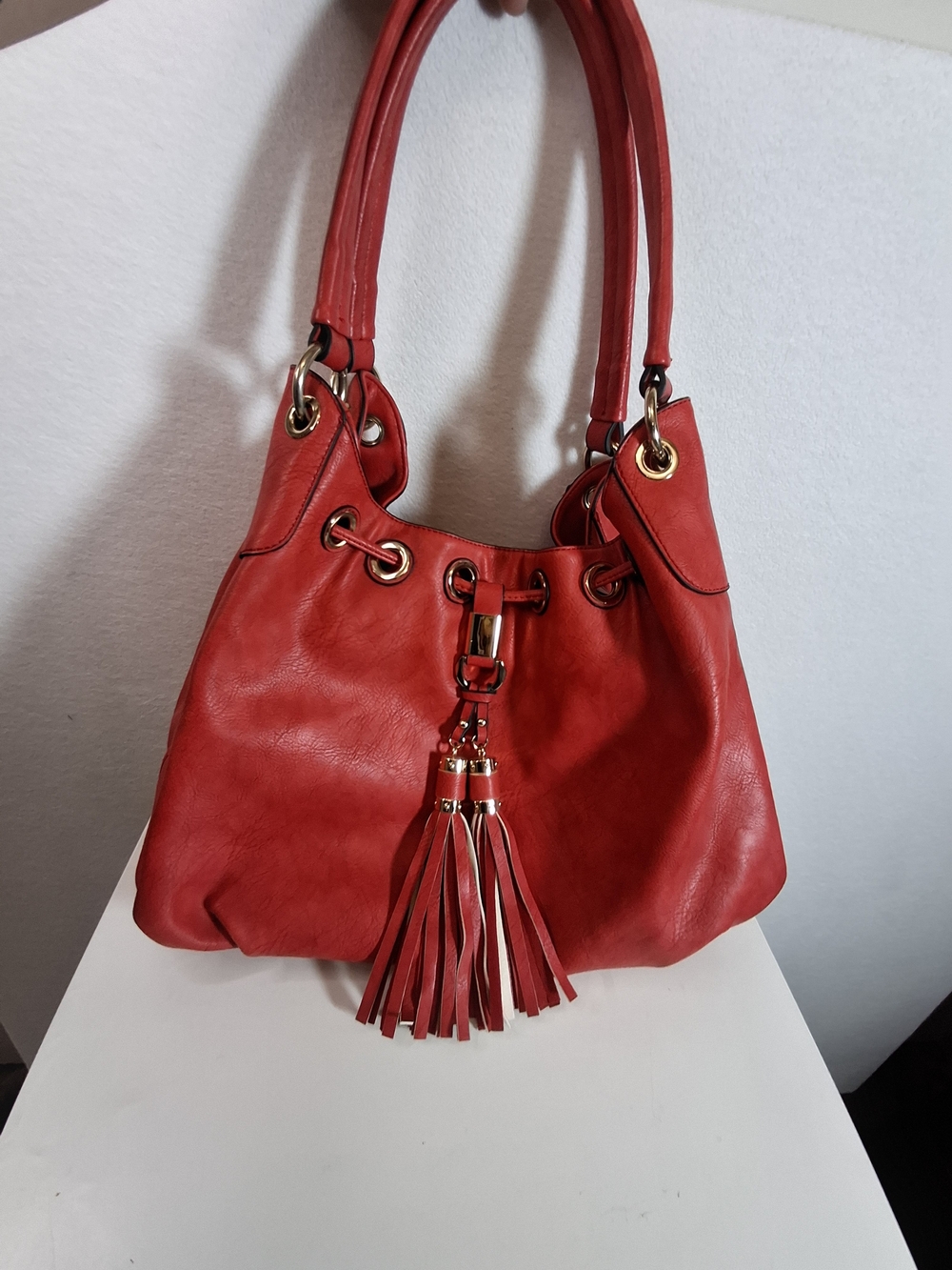 Red Tassel Hobo Shoulder Bag with Gold-Tone Hardware